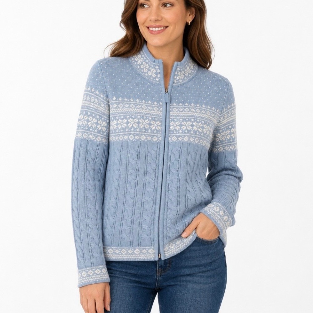 LL Bean Blue Fair Isle Cable Knit Cotton Full Zip Cardigan Sweater Womens XL